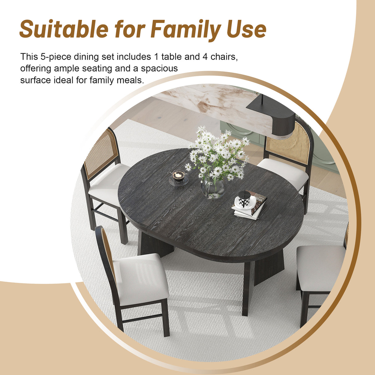 TREXM 5-piece retro functional cutlery set with 1 expandable dining table and 4 cushioned chairs with rattan backrests (espresso - V.I.P Digital Presence