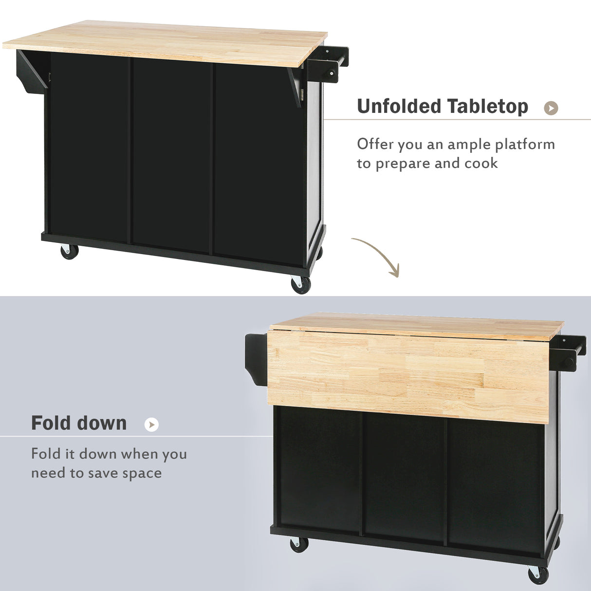 Kitchen trolley with rubber wood leaf countertop, 5-wheel kitchen island, storage cabinet and 3 dining drawers, black - V.I.P Digital Presence