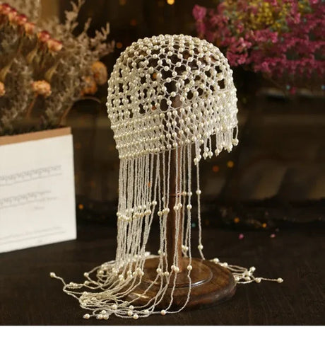 Handmade hollowed out headpiece performance pearl tassel hat - V.I.P Digital Presence