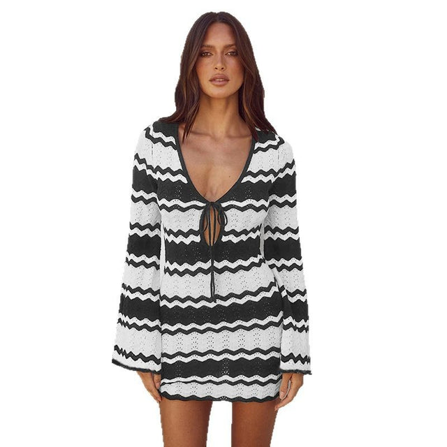 Wavy Striped Tied Front Long Sleeve Cover-Up Dress - V.I.P Digital Presence
