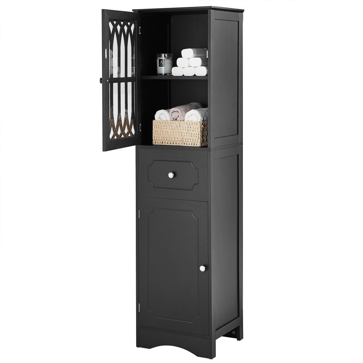Tall Bathroom Cabinet, Freestanding Storage Cabinet with Drawer and Doors, MDF Board, Acrylic Door, Adjustable Shelf, Black - V.I.P Digital Presence