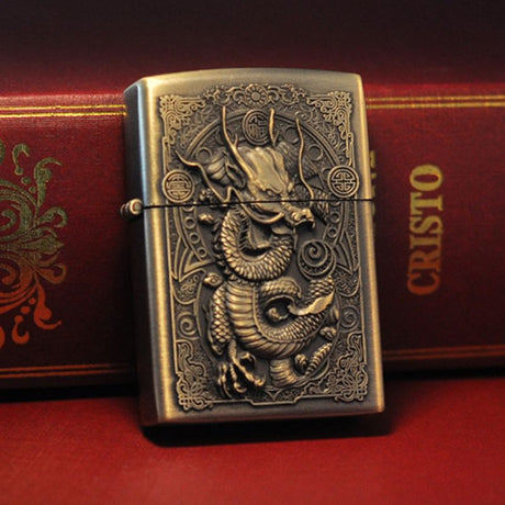 Kerosene lighter windproof retro style grinding wheel personalized bronze relief fuel dispenser - V.I.P Digital Presence