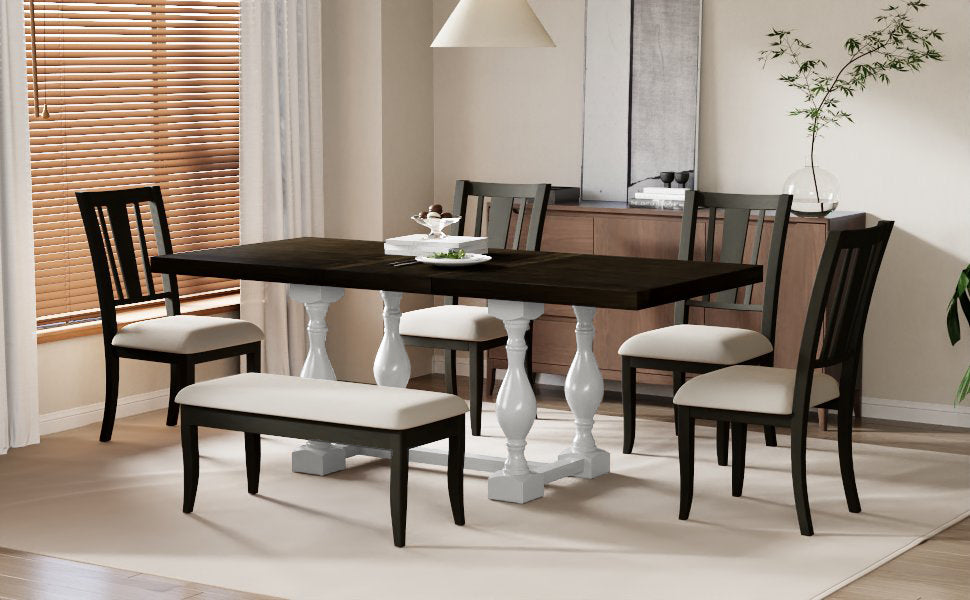Traditional 6-Piece 78inch Trestle Extendable Dining Table Set with One 18inch Removable Leaf Distressed White - V.I.P Digital Presence