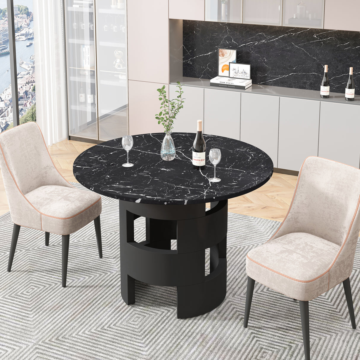 42.12"Modern Round Dining Table with Printed Black Marble Table Top for Dining Room - V.I.P Digital Presence