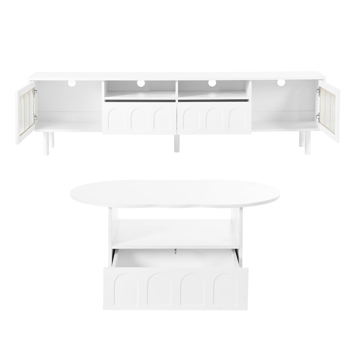 Two sets of ON-TRANS cream style TV stands and coffee tables, suitable for TVs under 80 inches, white - V.I.P Digital Presence