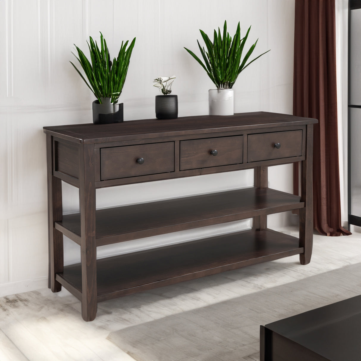 Retro Design Console Table with Two Open Shelves, Pine Solid Wood Frame and Legs for Living Room (Espresso) - V.I.P Digital Presence