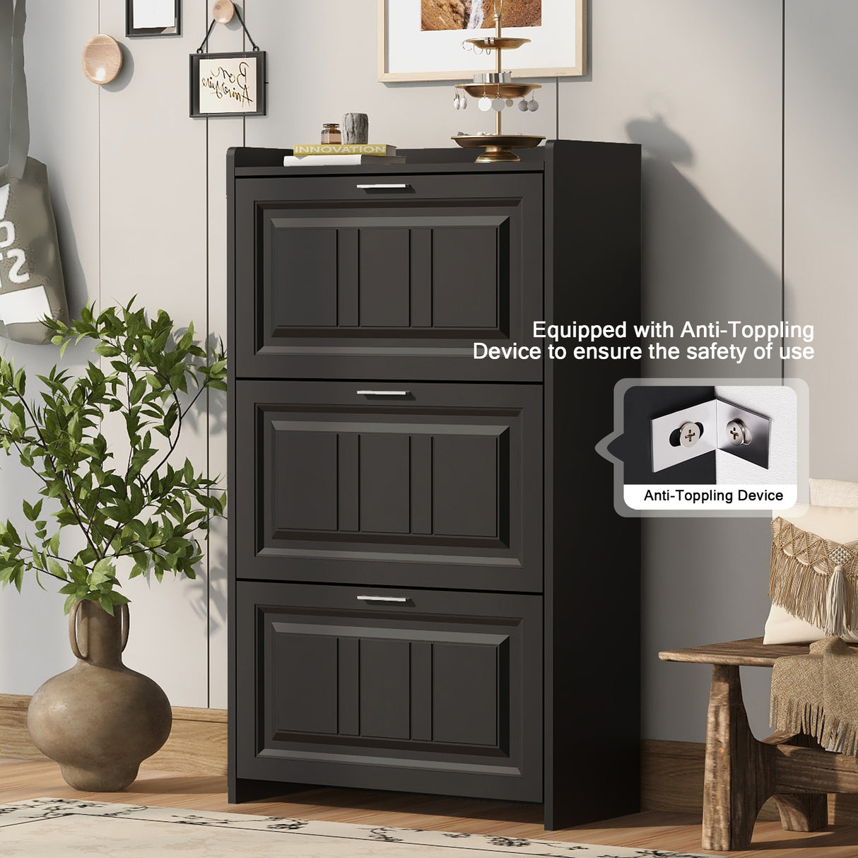 U-Can Shoe Storage Cabinet for Entryway with 3 Flip Drawers, Modern Shoe Organizer Cabinet, Free Standing Shoe Rack Black - V.I.P Digital Presence