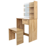 Vanity Desk Set Stool & Dressing Table with LED Lighting Mirror Drawer and Wood Cosmetic Table Chest of Drawers Nature Color - V.I.P Digital Presence