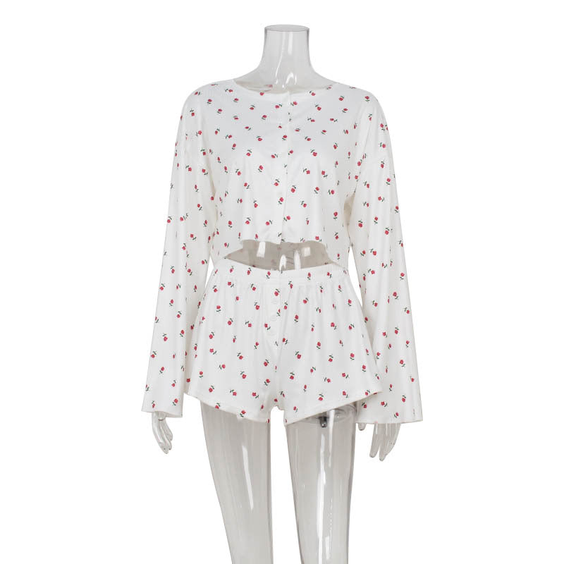 Printed round neck long sleeved cardigan with exposed waist top loose casual shorts set for women - V.I.P Digital Presence