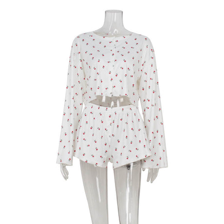 Printed round neck long sleeved cardigan with exposed waist top loose casual shorts set for women - V.I.P Digital Presence