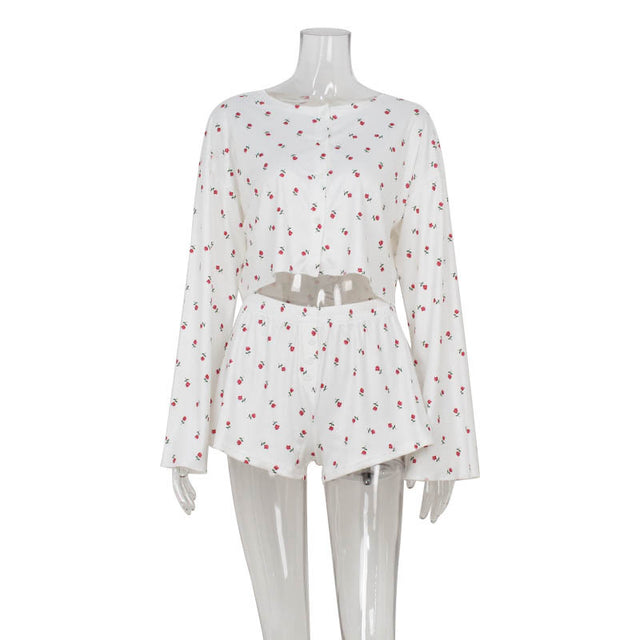 Printed round neck long sleeved cardigan with exposed waist top loose casual shorts set for women - V.I.P Digital Presence