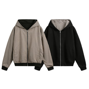 Double-sided Wear Hooded Cardigan Unisex Spring and Autumn Casual Loose Fit Plaid Short Jacket Two-Way Wearing - V.I.P Digital Presence
