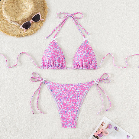 Floral triangle cup lace up sexy bikini split swimsuit for women - V.I.P Digital Presence