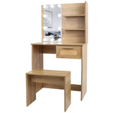 Vanity Desk Set Stool & Dressing Table with LED Lighting Mirror Drawer and Wood Cosmetic Table Chest of Drawers Nature Color - V.I.P Digital Presence