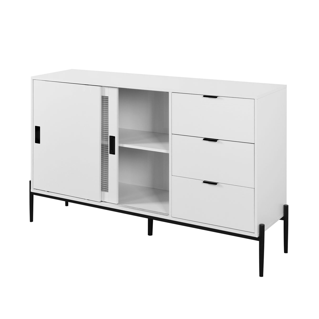 Modern characteristic storage cabinet side panel with glass sliding door and 3 drawers, dining table cabinet in white color - V.I.P Digital Presence