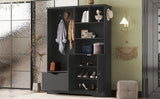 Multi-functional Hall Tree with Storage Shelves Drawers and Cabinet, Elegant Hallway Shoe Cabinet with Bench Modern Black - V.I.P Digital Presence