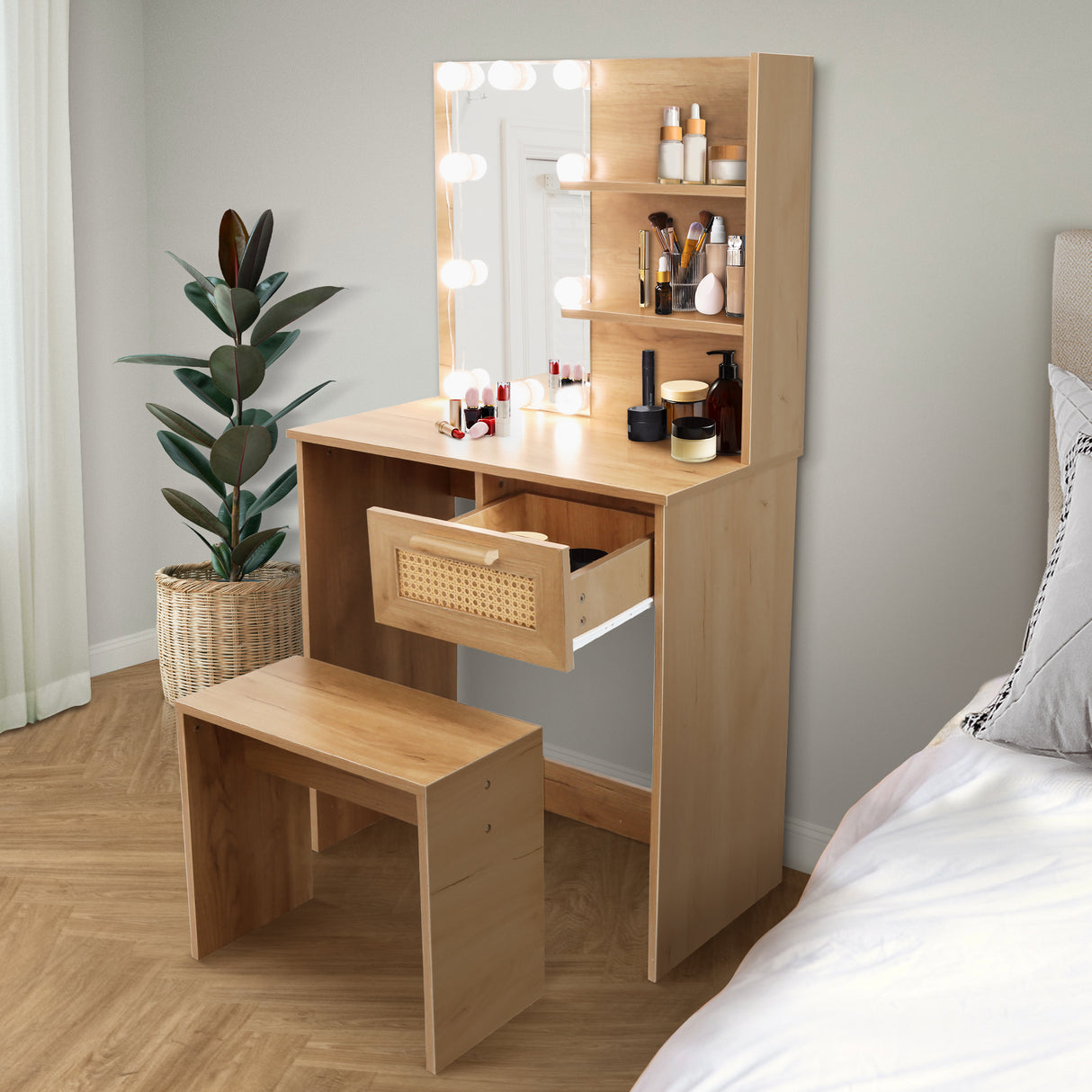 Vanity Desk Set Stool & Dressing Table with LED Lighting Mirror Drawer and Wood Cosmetic Table Chest of Drawers Nature Color - V.I.P Digital Presence