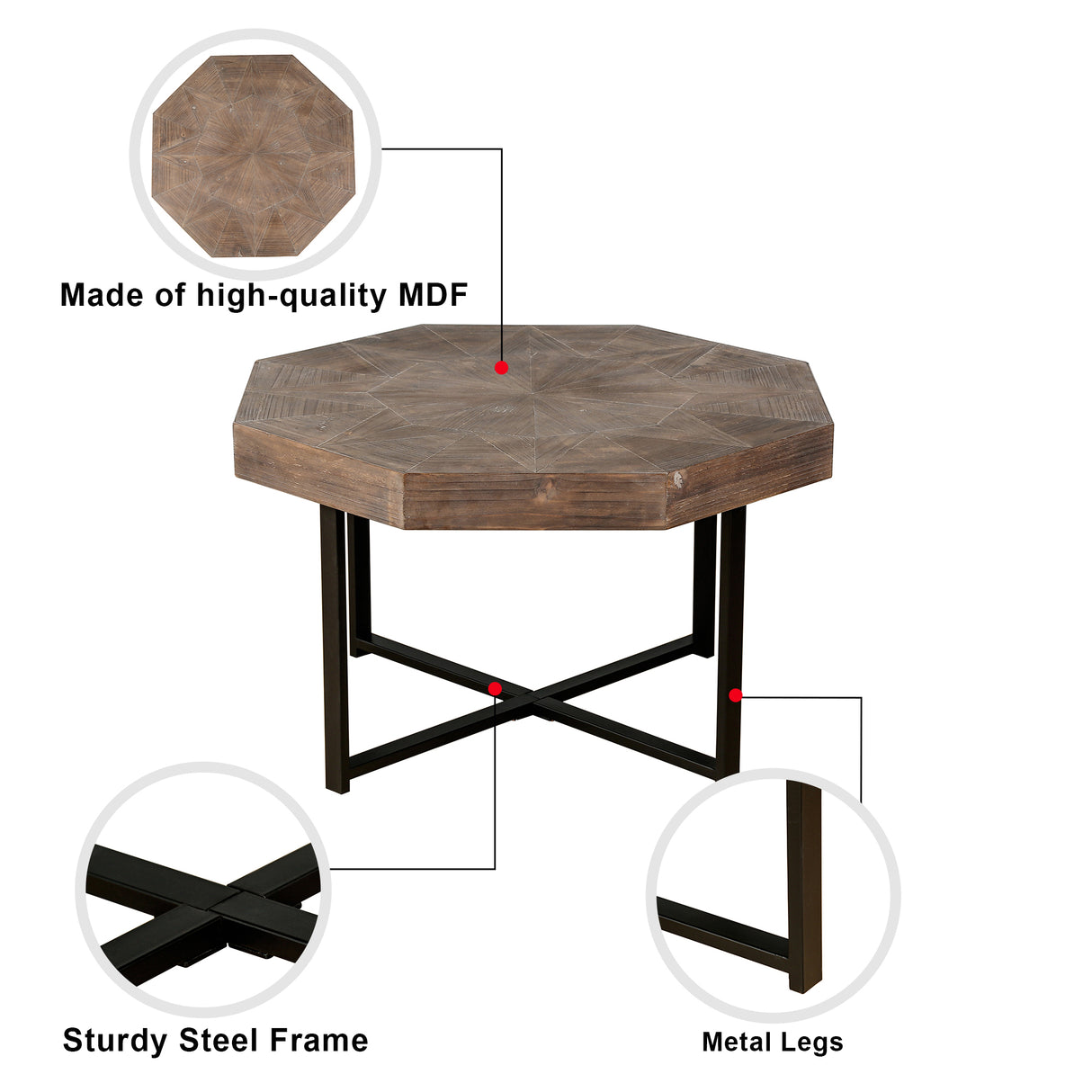 Wooden octagonal retro patchwork craft 30 inch wooden tabletop cross metal leg coffee table (antique brown) - V.I.P Digital Presence