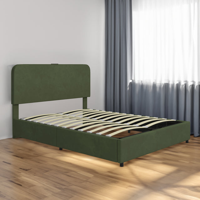 Large hydraulic storage bed with soft cushion lifting storage bed with RGB LED lights, Bluetooth speaker lychee velvet, green - V.I.P Digital Presence