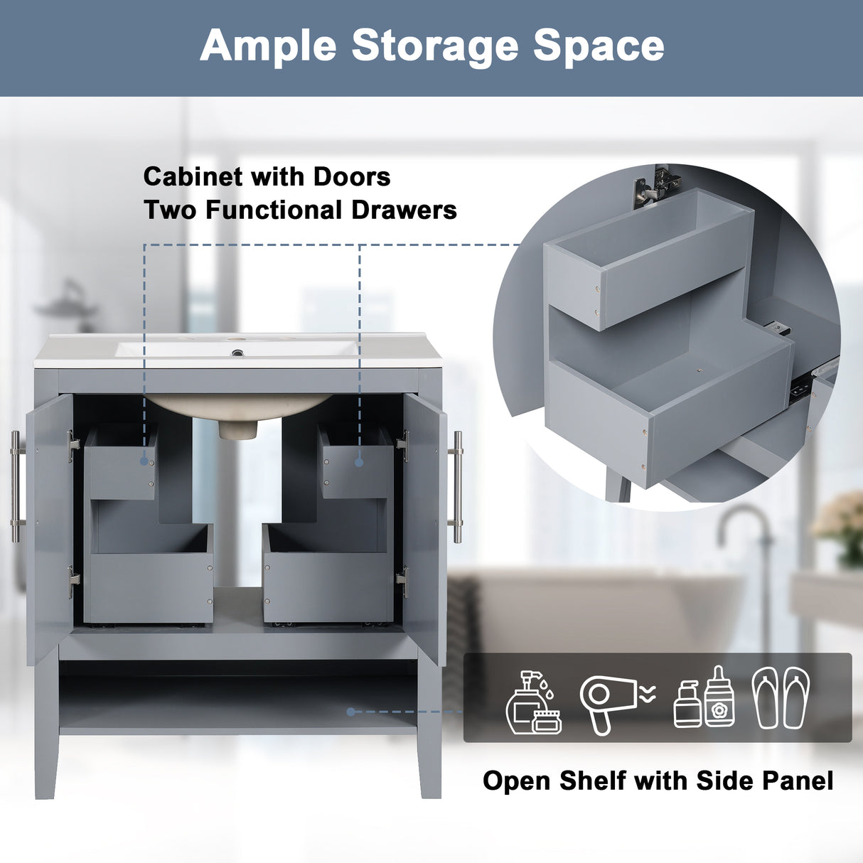 30" Bathroom Vanity with Sink, Multi-functional Bathroom Cabinet with Doors and Drawers, Solid Frame and MDF Board, Grey - V.I.P Digital Presence