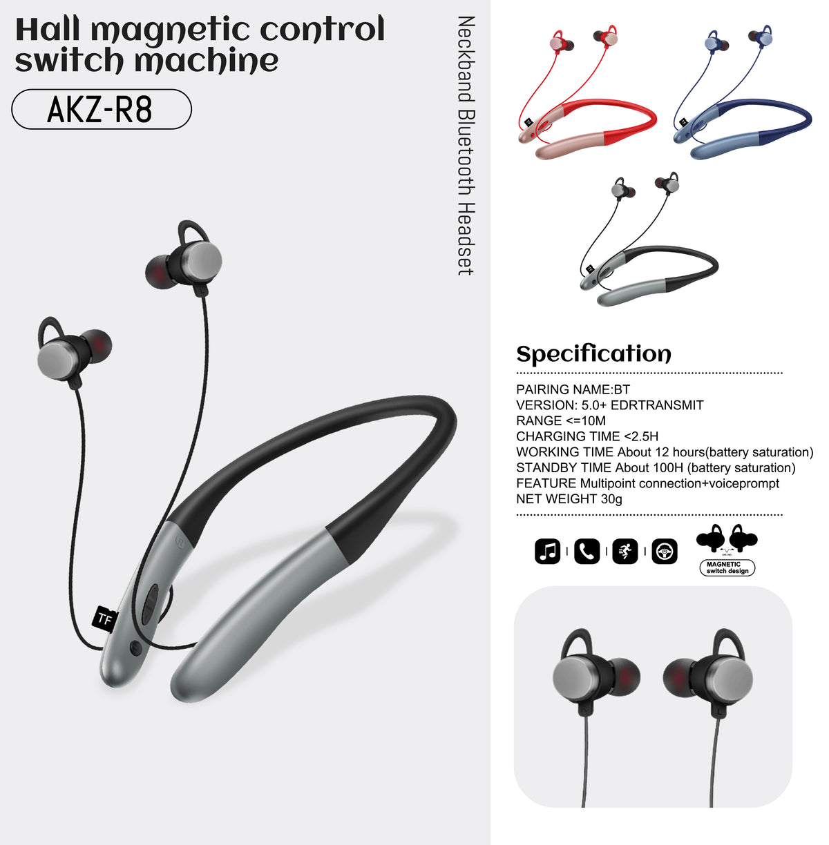 Auriculares inalámbricos Bluetooth 5.0 AKZ-R8, modelo privado, para colgar en el cuello, con interruptor magnético, estéreo, para gimnasios