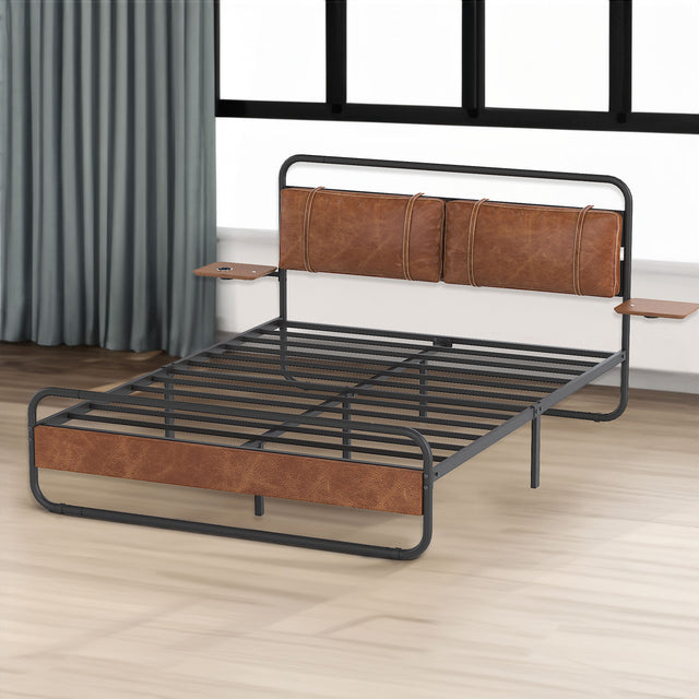 King Size Metal Bed Frame with Upholstered Headboard, with wireless charging and USB A & USB C, Touch LED light Vintage Brown - V.I.P Digital Presence