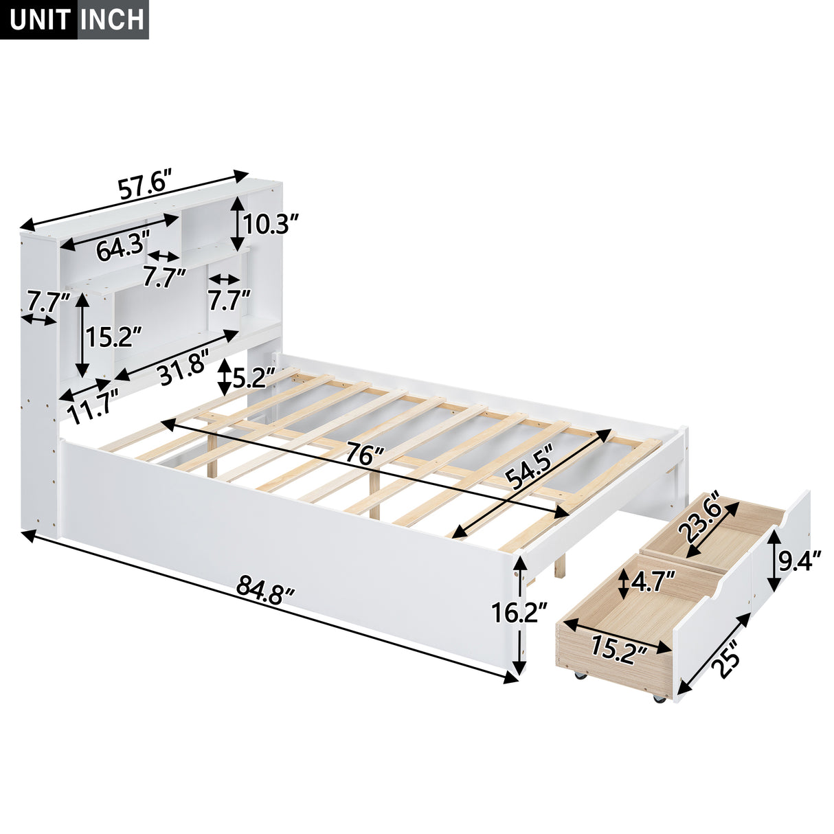 Full Size Platform Bed with Storage Headboard and 2 Drawers, White - V.I.P Digital Presence