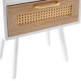 15.75" Rattan End table with drawer and solid wood legs Modern nightstand side table for living room  white - V.I.P Digital Presence