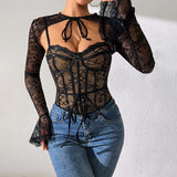 Lace sexy mesh see through backless long sleeved shawl new two-piece set spicy girl camisole vest - V.I.P Digital Presence