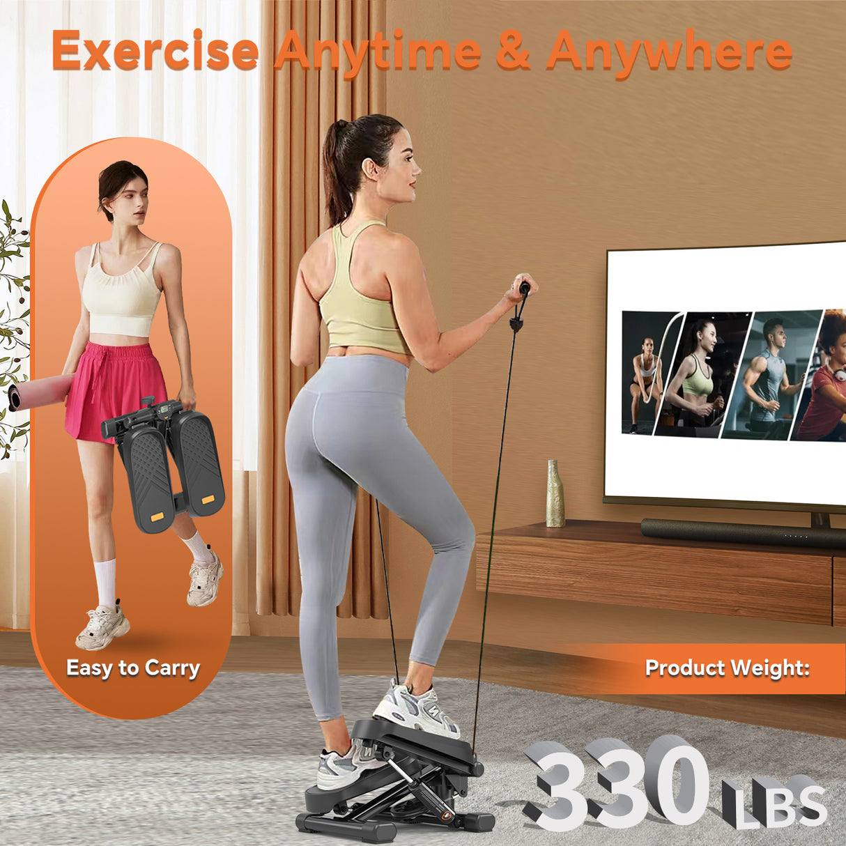 Home Office Exercise 330LBS Capacity Mini Stepper with Resistance Bands and LCD Monitor - V.I.P Digital Presence