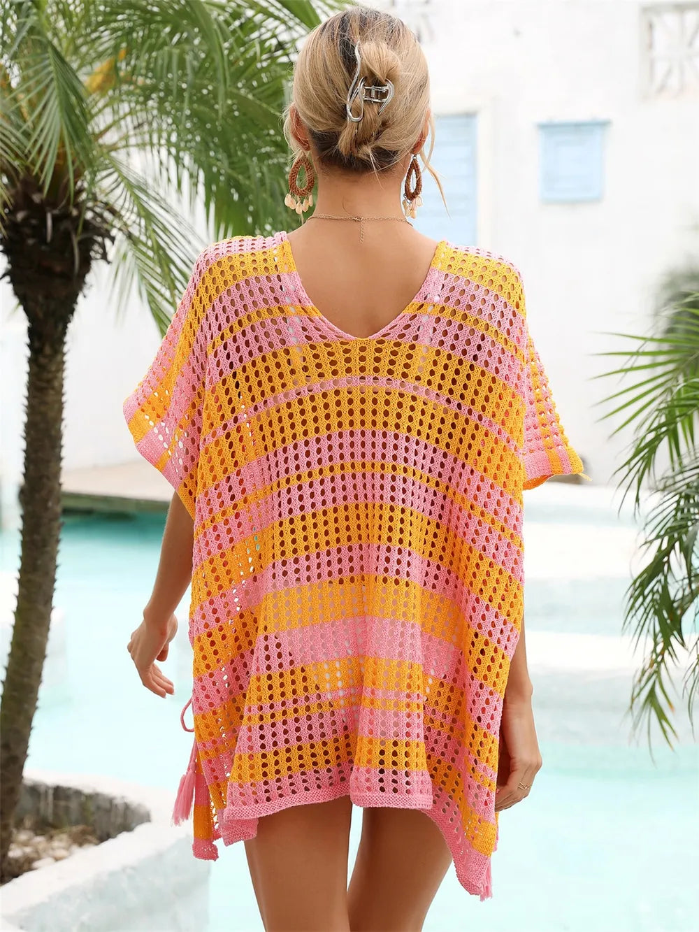 Tassel Openwork Striped V-Neck Cover Up - V.I.P Digital Presence