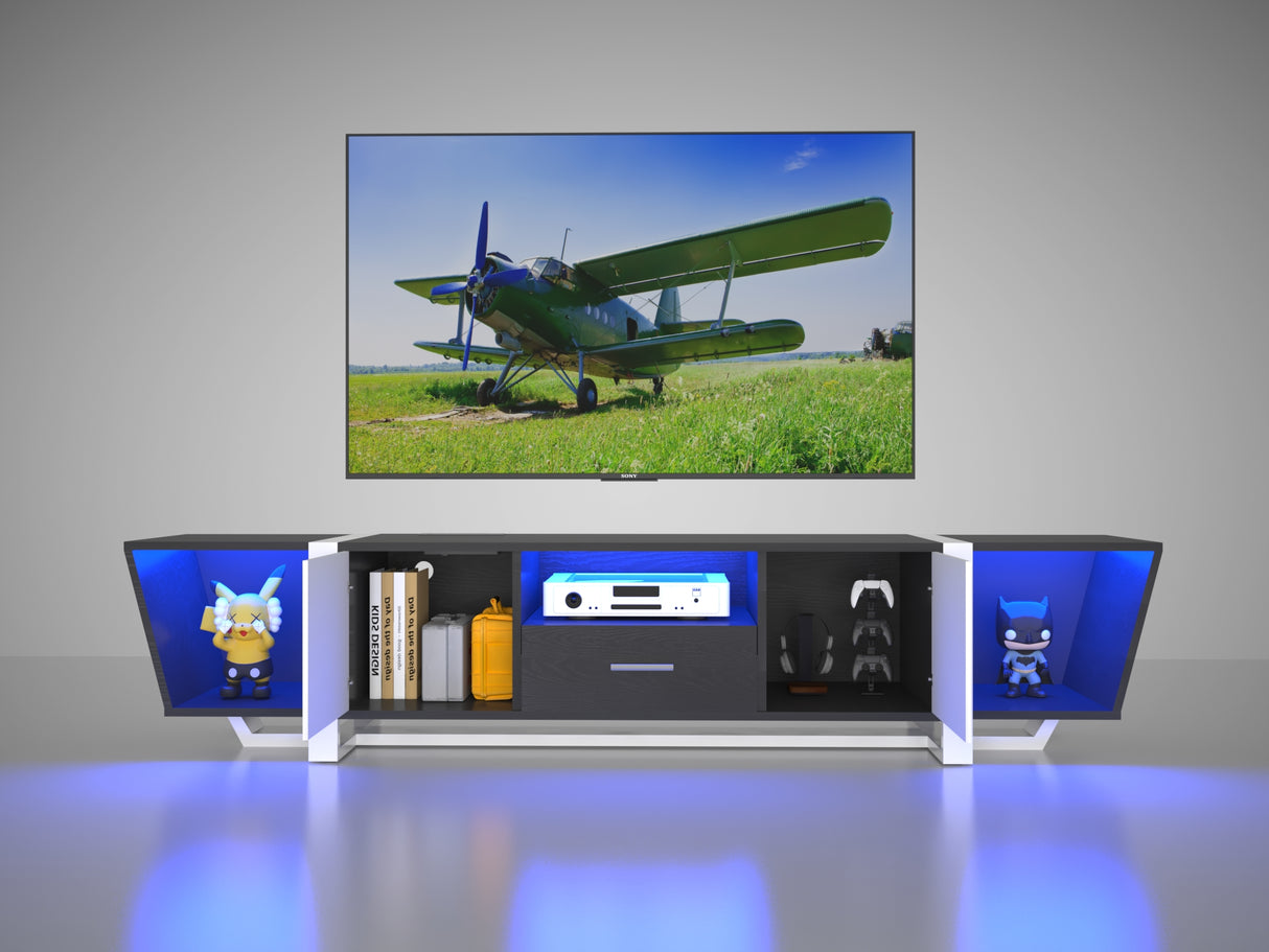 TV console with storage cabinet, dual flat LED TV stand with remote control, multi-mode light with power cord, black - V.I.P Digital Presence
