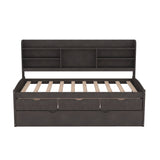 Twin Size Wooden Captain Bed with Built-in Bookshelves,Three Storage Drawers and Trundle,Antique Gray