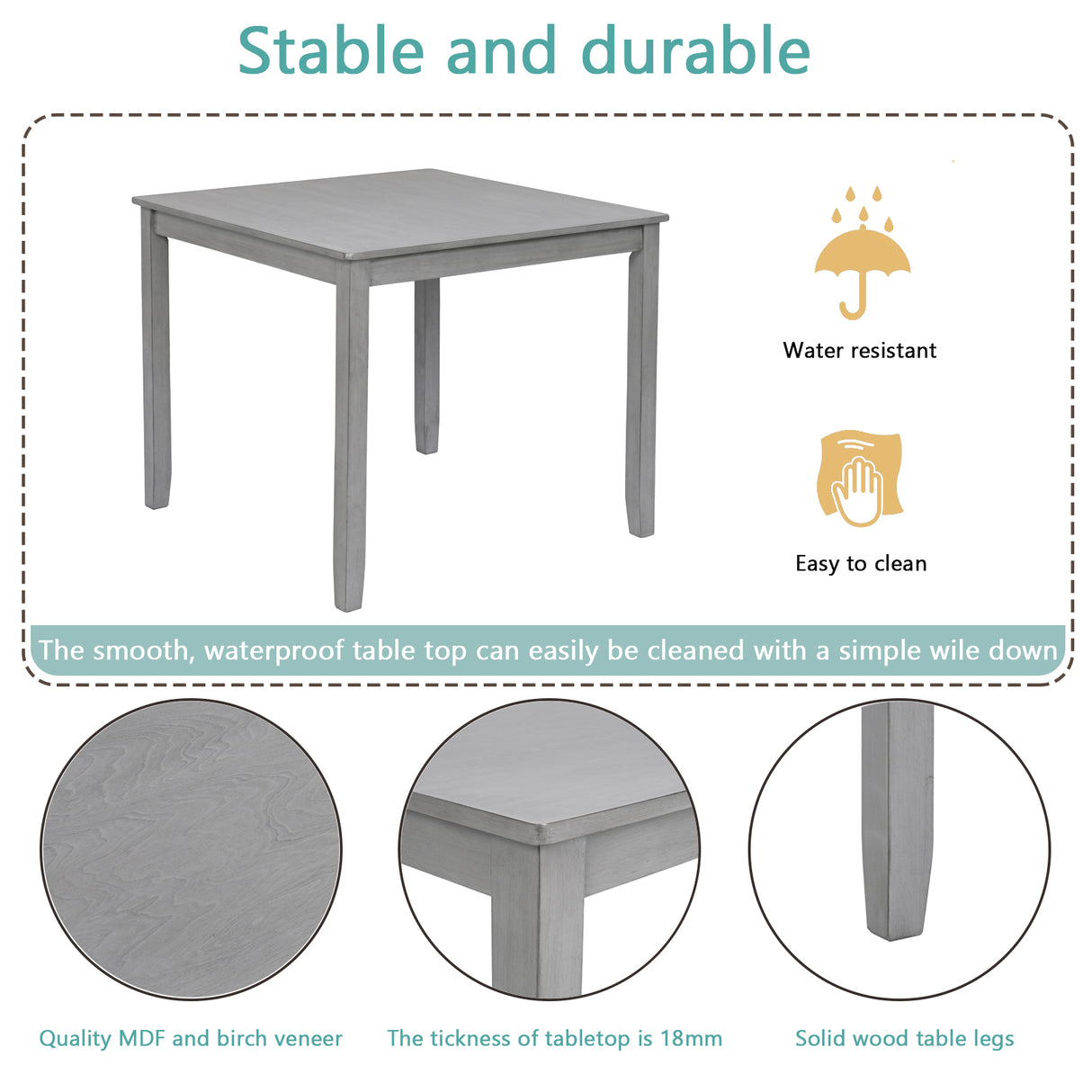 5 Piece Modern Dining Set, Square Wooden Dining Table with 4 Upholstered Chairs for Kitchen, Dining Room, Gray - V.I.P Digital Presence