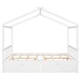 Full Size House Platform Bed with Two Drawers Headboard and Footboard,Roof Design White