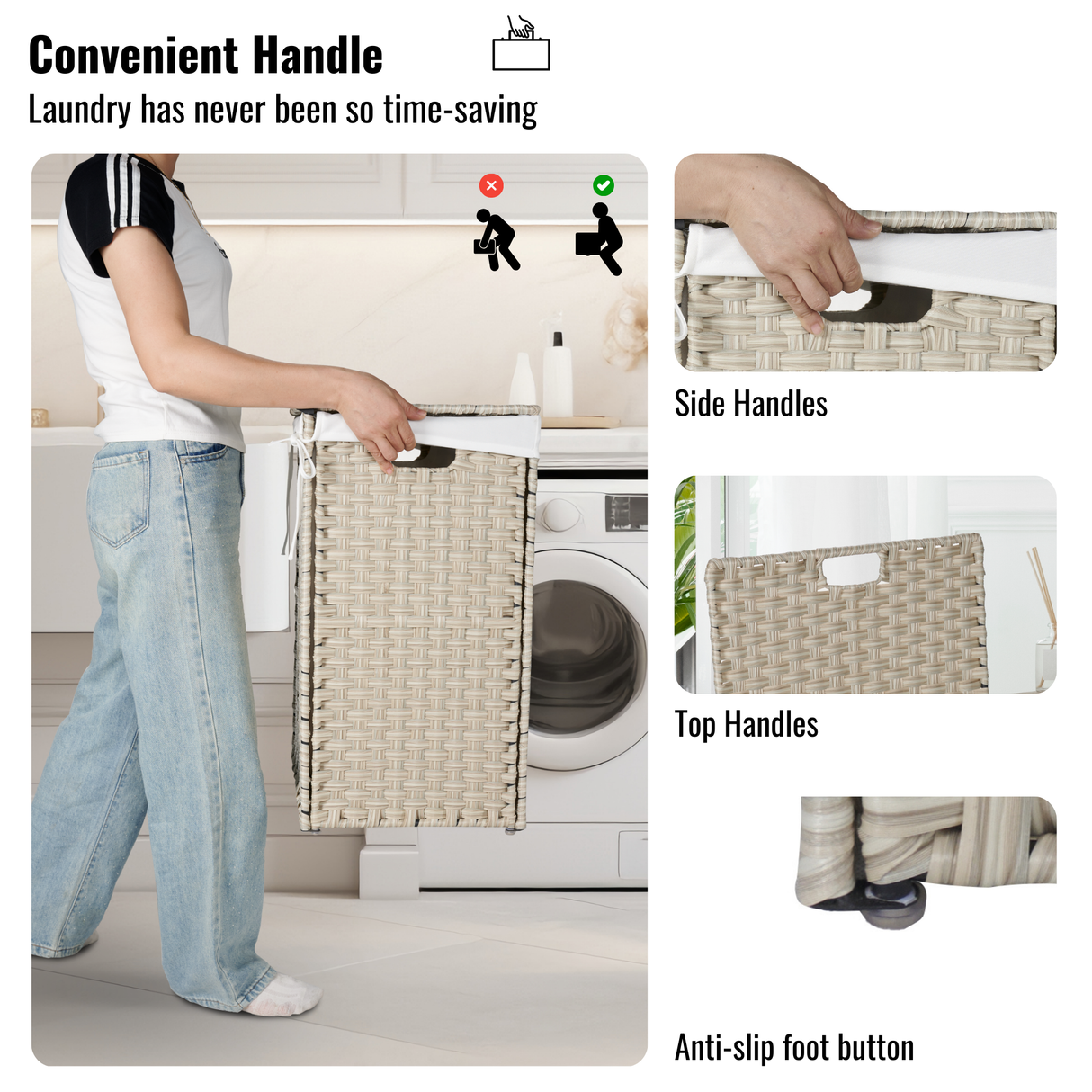 Laundry Hamper With Lid PE Rattan Powder Coating Frame Clothes Hampers with 02 Removable Bags, 100L, Grey Color - V.I.P Digital Presence