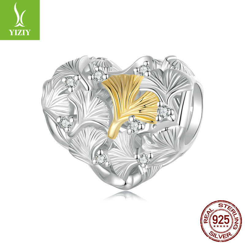 Silver Charm Ginkgo Leaf Splicing Love DIY Bracelet Beads Loose Beads Romantic Autumn Leaves s925 Pure Silver Beads - V.I.P Digital Presence