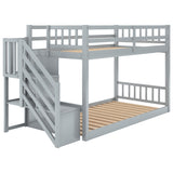 Twin over Twin Floor Bunk Bed, Ladder with Storage  Gray