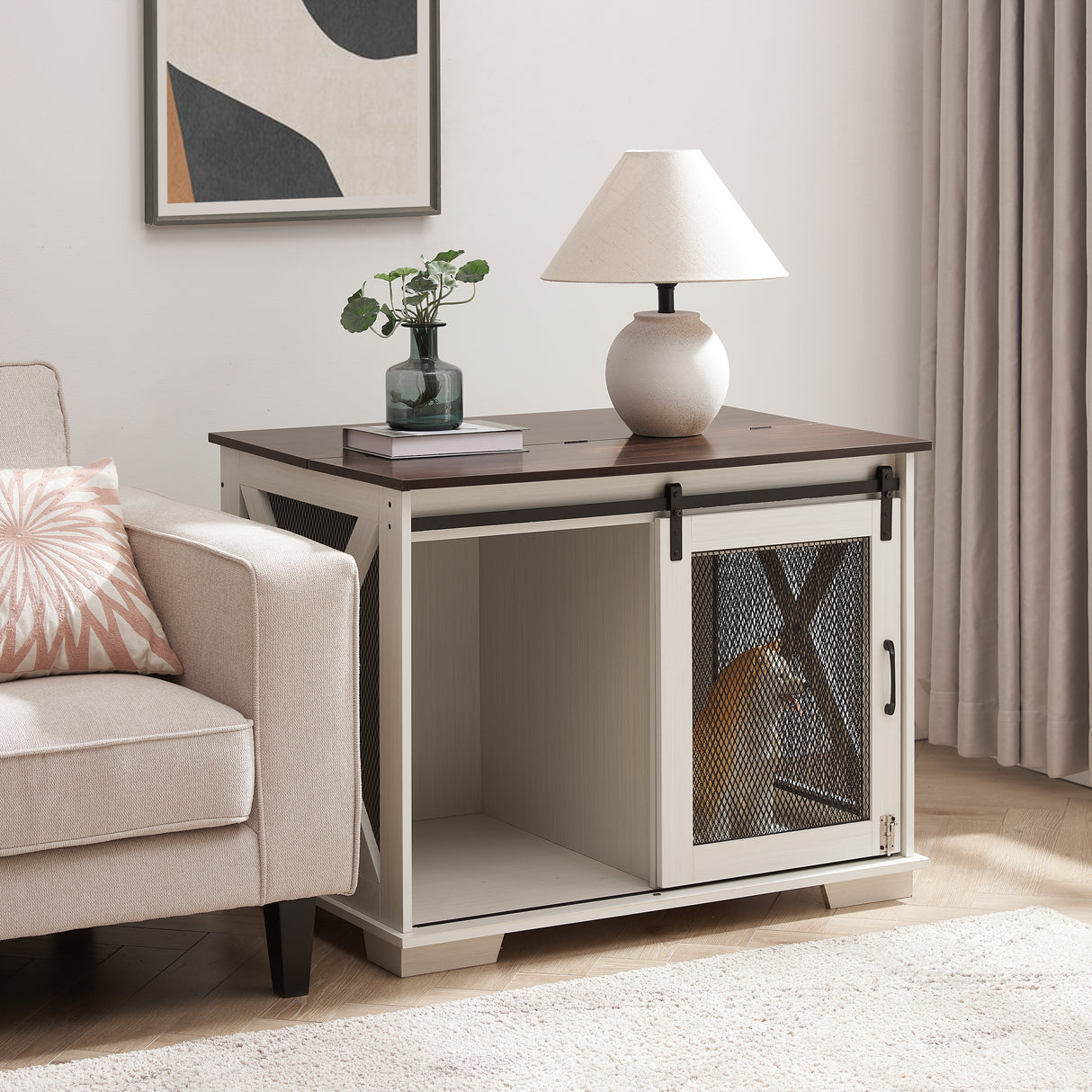 Farm kennel Flat noodles furniture with sliding barn door, farm wooden kennel end table, dog house with removable partition - V.I.P Digital Presence