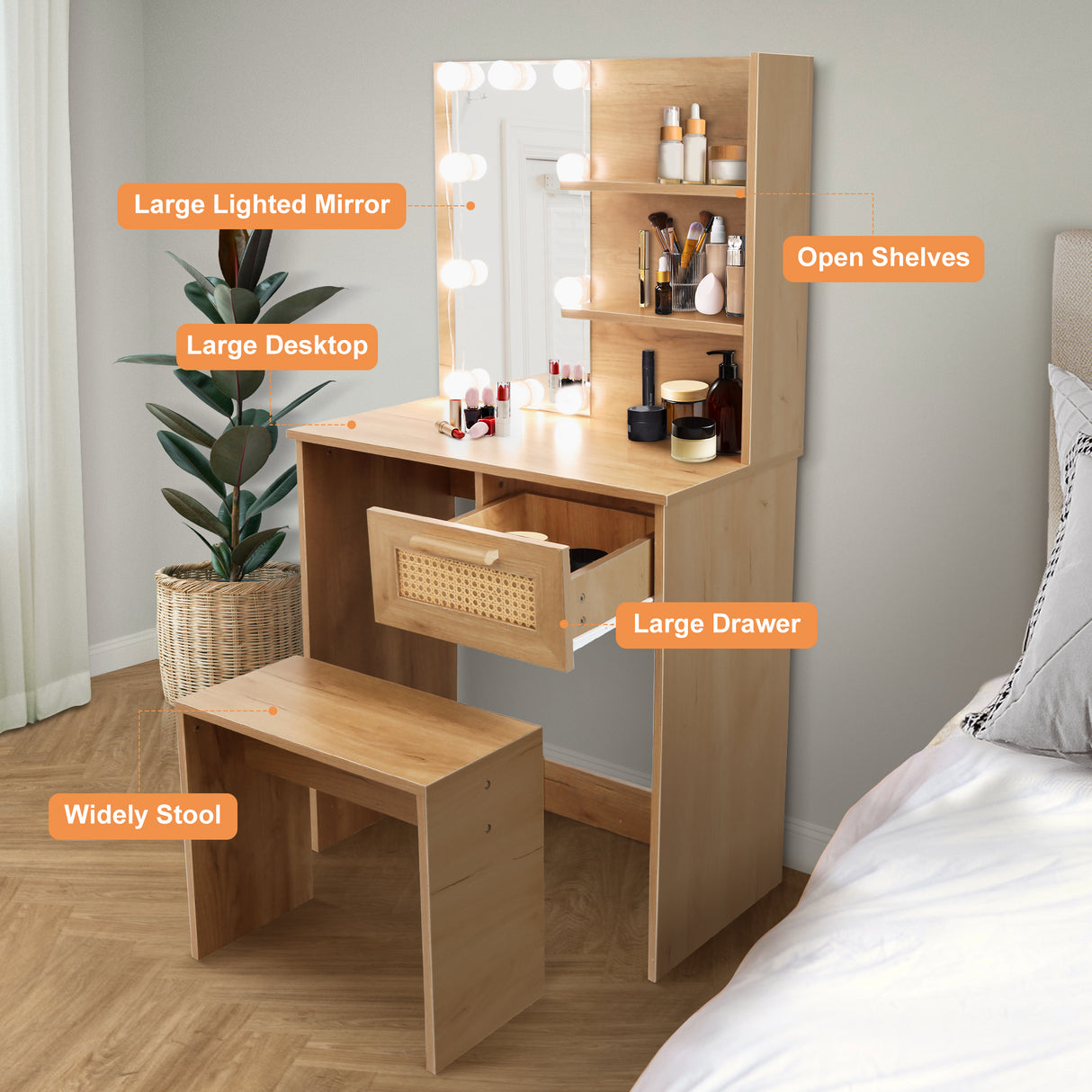 Vanity Desk Set Stool & Dressing Table with LED Lighting Mirror Drawer and Wood Cosmetic Table Chest of Drawers Nature Color - V.I.P Digital Presence