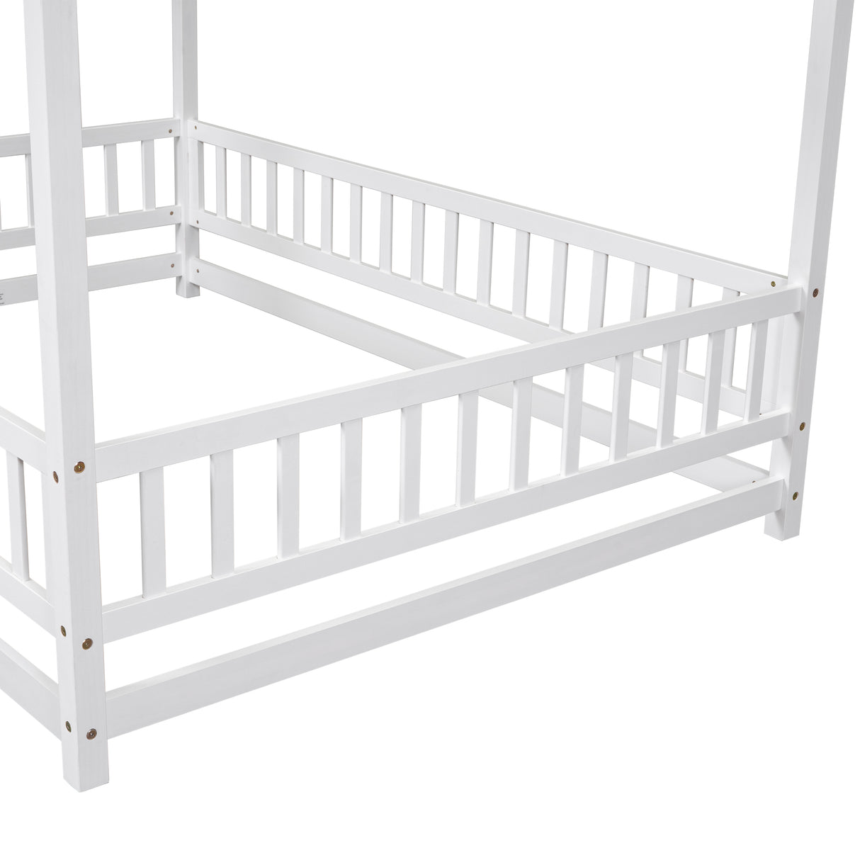 Full Size Floor Wooden Bed with House Roof Frame, Fence Guardrails ,White - V.I.P Digital Presence