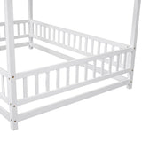 Full Size Floor Wooden Bed with House Roof Frame, Fence Guardrails ,White - V.I.P Digital Presence
