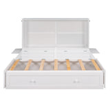 Queen Size Mobile Murphy Bed with Drawer and Little Shelves on Each Side White