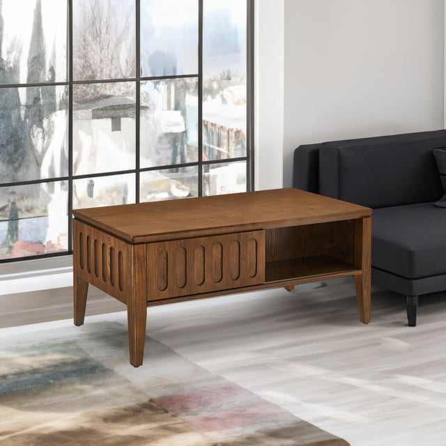 Medieval modern flute coffee table with storage sliding door and solid wood legs, vintage farmhouse wood central table - V.I.P Digital Presence