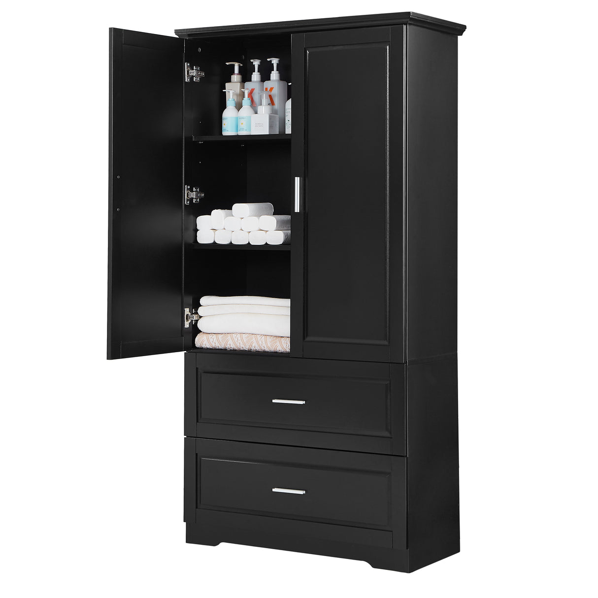 Tall Bathroom Storage Cabinet, Cabinet with Two Doors and Drawers, Adjustable Shelf, MDF Board, Black - V.I.P Digital Presence
