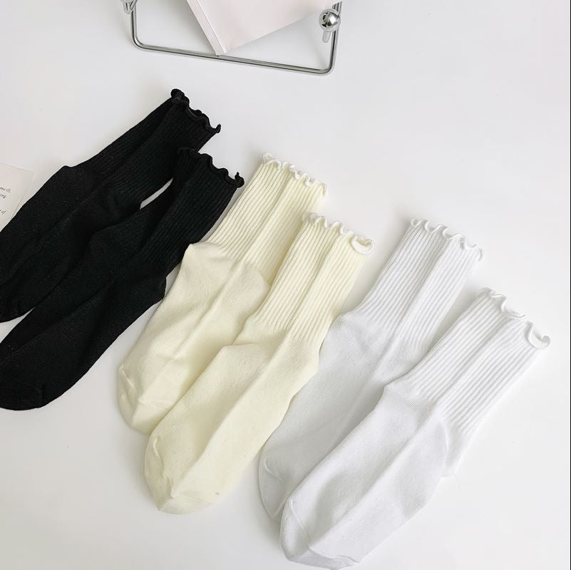 1 pair of ruffled JK socks for women mid-tube spring, autumn and summer solid color Japanese lace pile socks - V.I.P Digital Presence