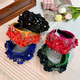 Fashionable solid color fabric flower oversized wide edged crystal headband - V.I.P Digital Presence