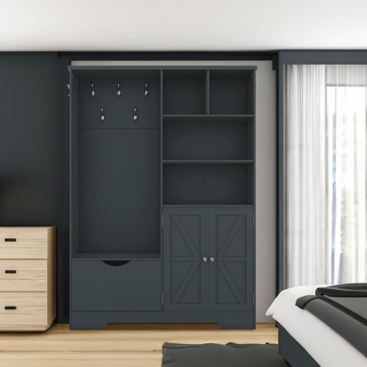 Multi-functional Hall Tree with Storage Shelves Drawers and Cabinet, Elegant Hallway Shoe Cabinet with Bench Antique Blue - V.I.P Digital Presence