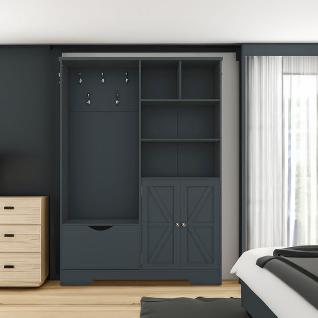 Multi-functional Hall Tree with Storage Shelves Drawers and Cabinet, Elegant Hallway Shoe Cabinet with Bench Antique Blue - V.I.P Digital Presence