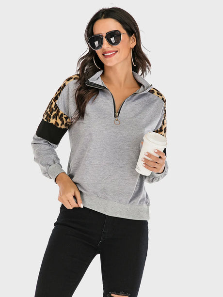 Contrast Leopard Half Zip Long Sleeve Sweatshirt - V.I.P Digital Presence